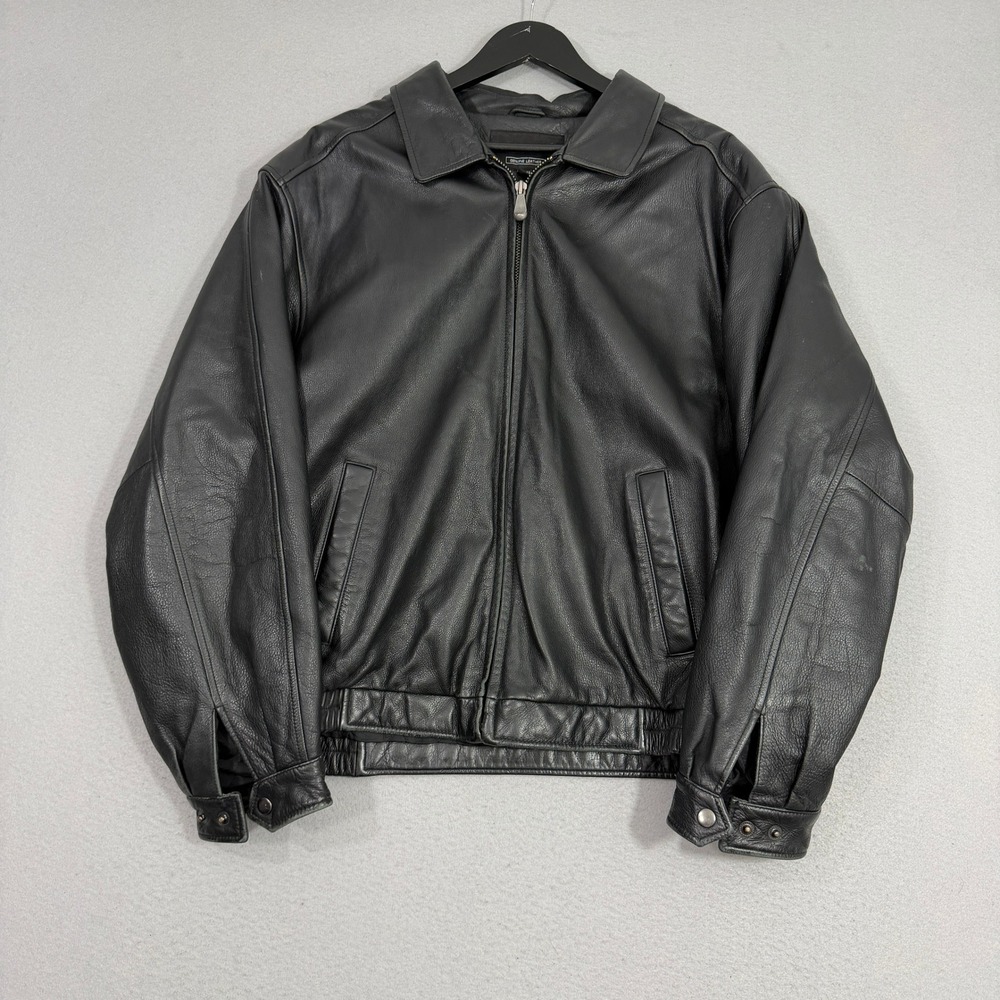 Vintage Croft & Barrow Jacket XL Black Genuine Leather Bomber Full Zip Quilted